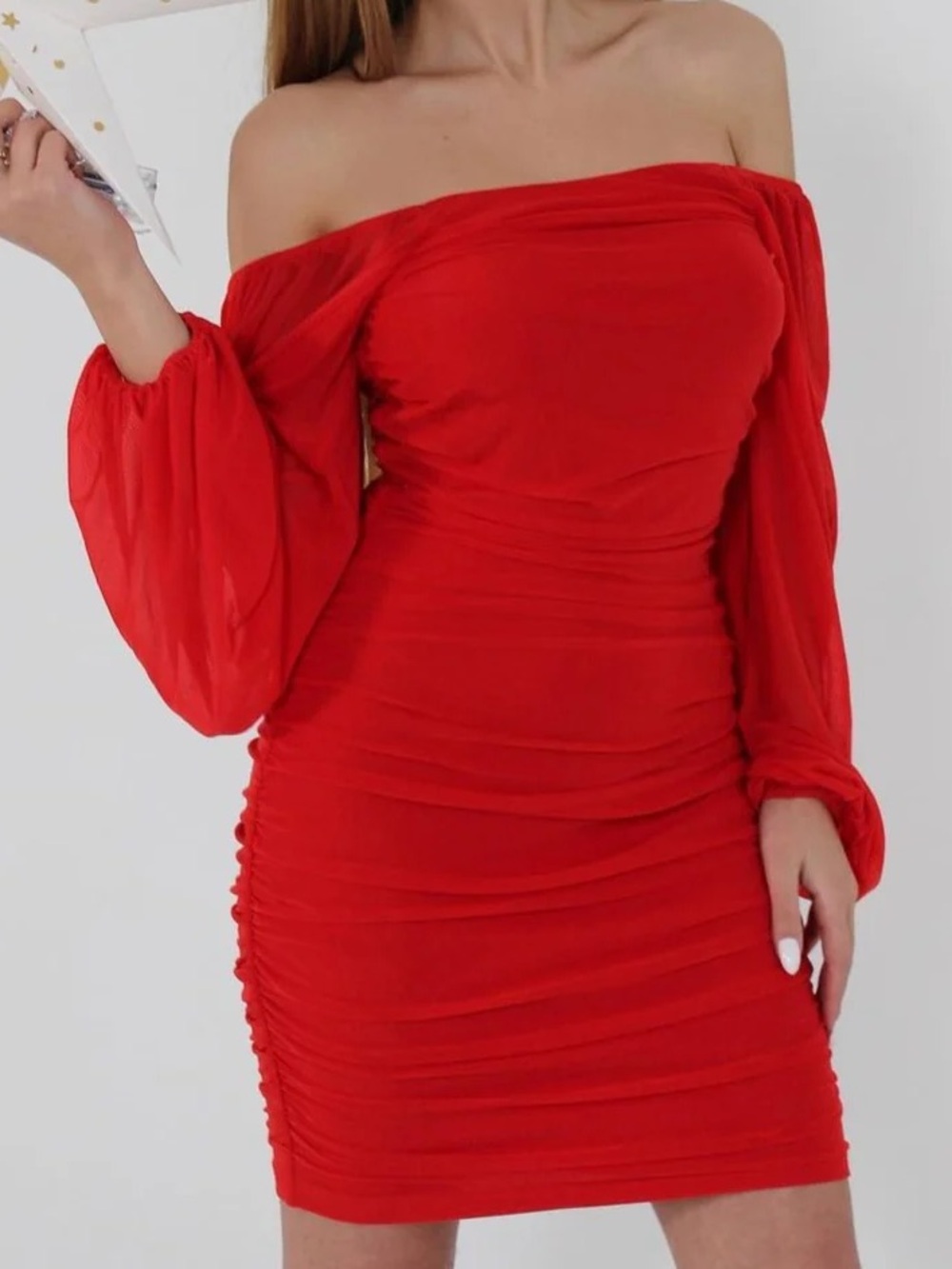 NWT MEROKEETY LONG SLEEVE MESH RUCHED BODYCON MINI DRESS
